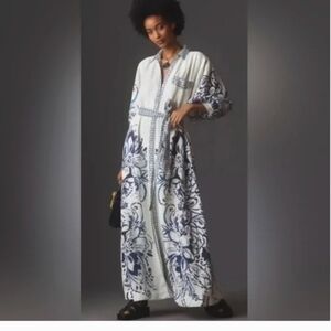 Anthropologie Maeve White and Blue Patterned Blouse